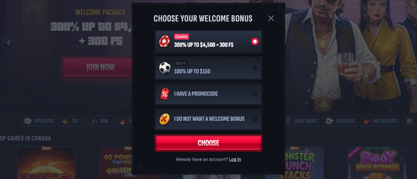 Inscription au Mafia Casino